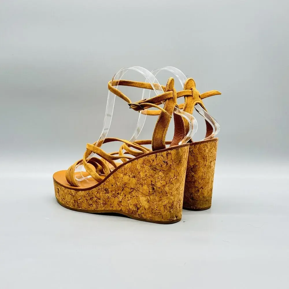 K Jacques Sandals Womens 8 Brown Suede Saint Tropez Cork Platform Wedge Shoes